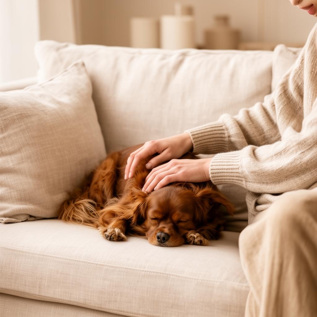 A person gently petting their dog on a cream linen couch